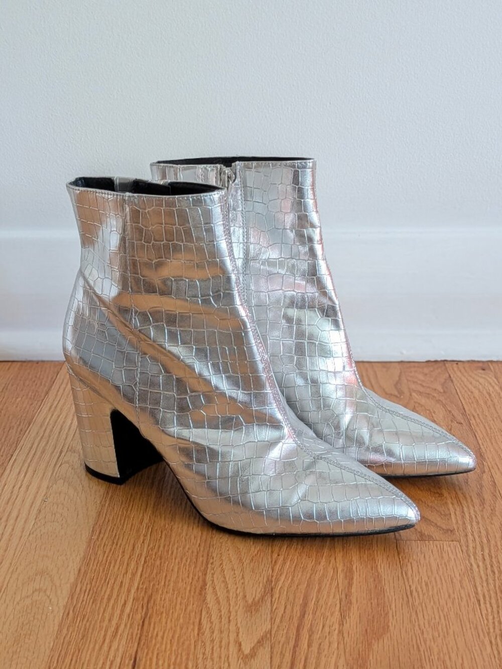 Aldo Silver Croc-Embossed Pointed Toe Ankle Bootie
